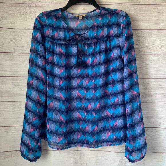 Decree Blue and Pink Abstract Blouse Tassel Tie String Long Sleeve Size Medium - Picture 1 of 15